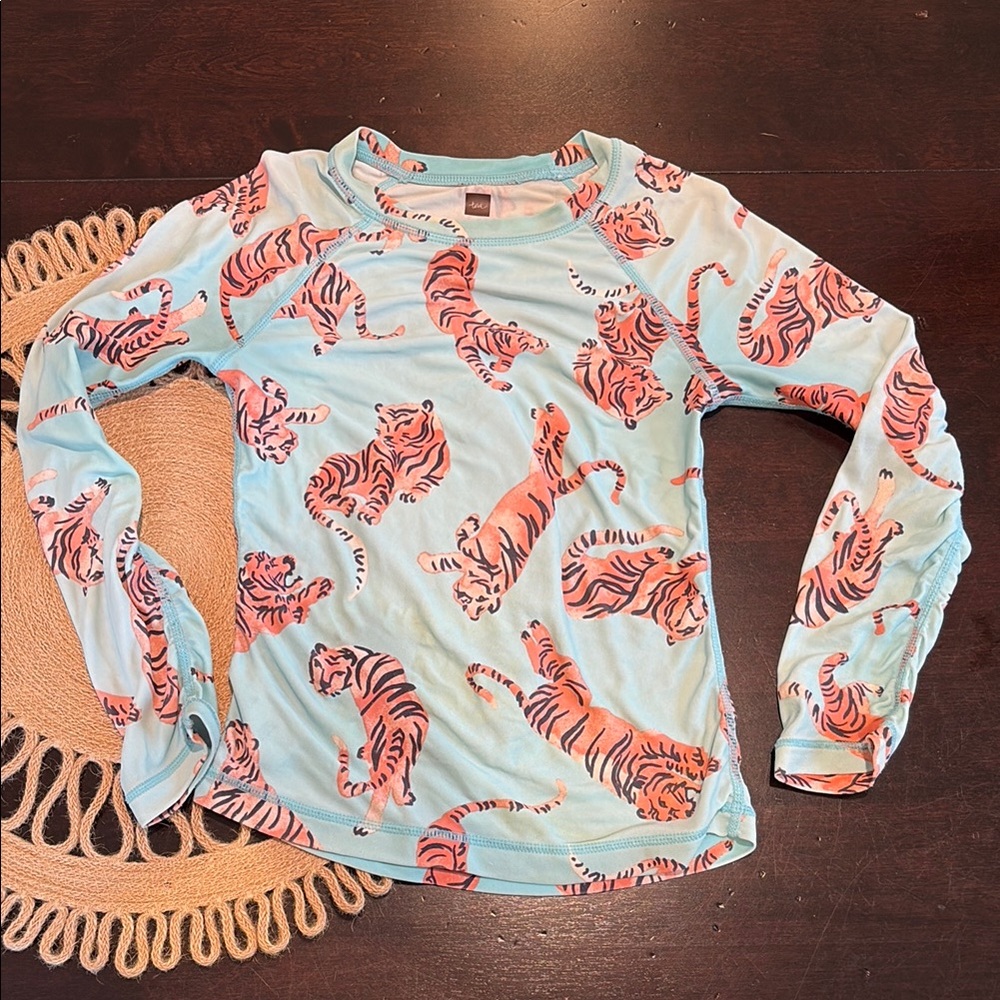 Tea Collection Long Sleeve Blue and Orange Sun Shirt with Playful Tiger Design